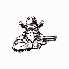 Cowboy with gun mascot logo. Cool bandit cowboy logo design, Western Gunslinger Bandit Wild West Cowboy Gangster with Bandana Scarf Mask
