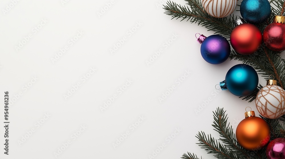 Poster a white background with a bunch of colorful christmas ornaments. the ornaments are of different shap