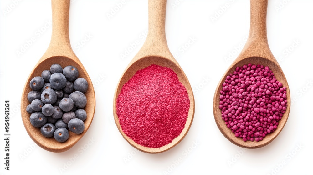 Poster three spoons with different colored powders in them. the spoons are arranged in a row, with the firs
