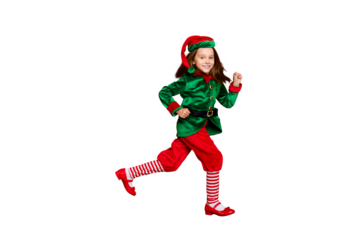 Full length body size view of nice attractive cheerful cheery funny small little pre-teen elf having fun wintertime tradition marathon isolated over bright vivid shine red background