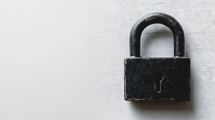 Rustic padlock on a white wooden surface symbolizing security and strength