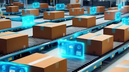 Cardboard boxes on a conveyor belt with futuristic holographic labels.