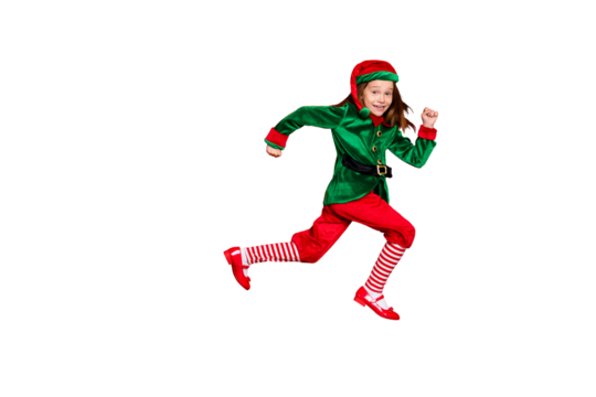 Full length body size view of nice attractive cheerful cheery funny funky carefree small little pre-teen elf having fun running marathon isolated over bright vivid shine red background
