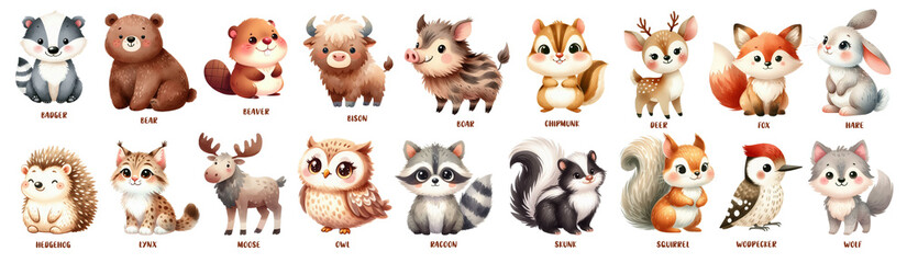 Cute Forest Animals Characters. Watercolor Illustration. Isolated on white background. 							
