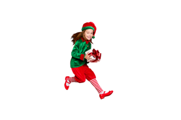 Full length body size view of nice attractive cheerful cheery glad funny funky positive small little pre-teen elf carrying holding in hands purchase isolated over bright vivid shine red background