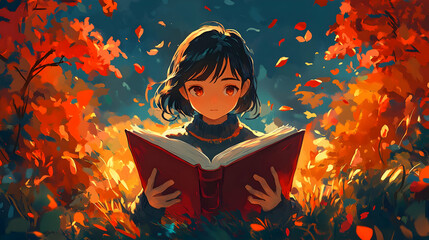 Girl Reading a Book in the Fall Forest, Animated Background with Falling Leaves - Autumnal Vibes