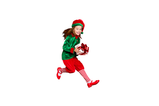 Full length body size view of nice attractive cheerful cheery glad funny funky positive small little pre-teen elf carrying holding in hands purchase isolated over bright vivid shine red background