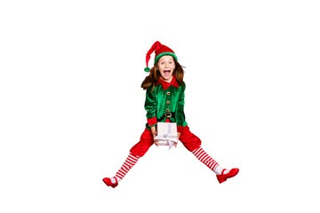 Full length body size profile side view of nice attractive cheerful positive overjoyed glad funny small little pre-teen elf holding in hands white box isolated over bright vivid shine red background