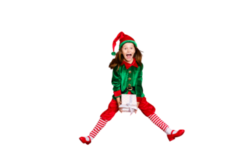 Full length body size profile side view of nice attractive cheerful positive overjoyed glad funny small little pre-teen elf holding in hands white box isolated over bright vivid shine red background