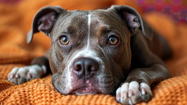 Pit bull dog resting on orange blanket, close-up portrait. Pet relaxation and comfort concept