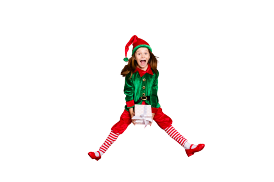 Full length body size profile side view of nice attractive cheerful positive overjoyed glad funny small little pre-teen elf holding in hands white box isolated over bright vivid shine red background