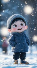 A charming animated child in winter clothes, smiling joyfully as snow falls around.