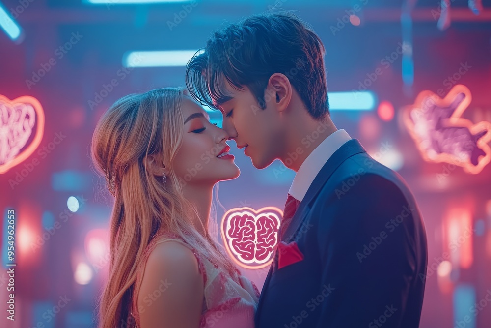 Aufkleber brain metastasis logical a couple in a vibrant neon lit setting with brain visuals symbolizing the m