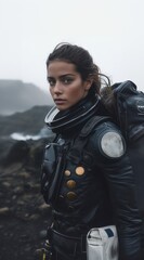 Woman in futuristic suit exploring rugged terrain.