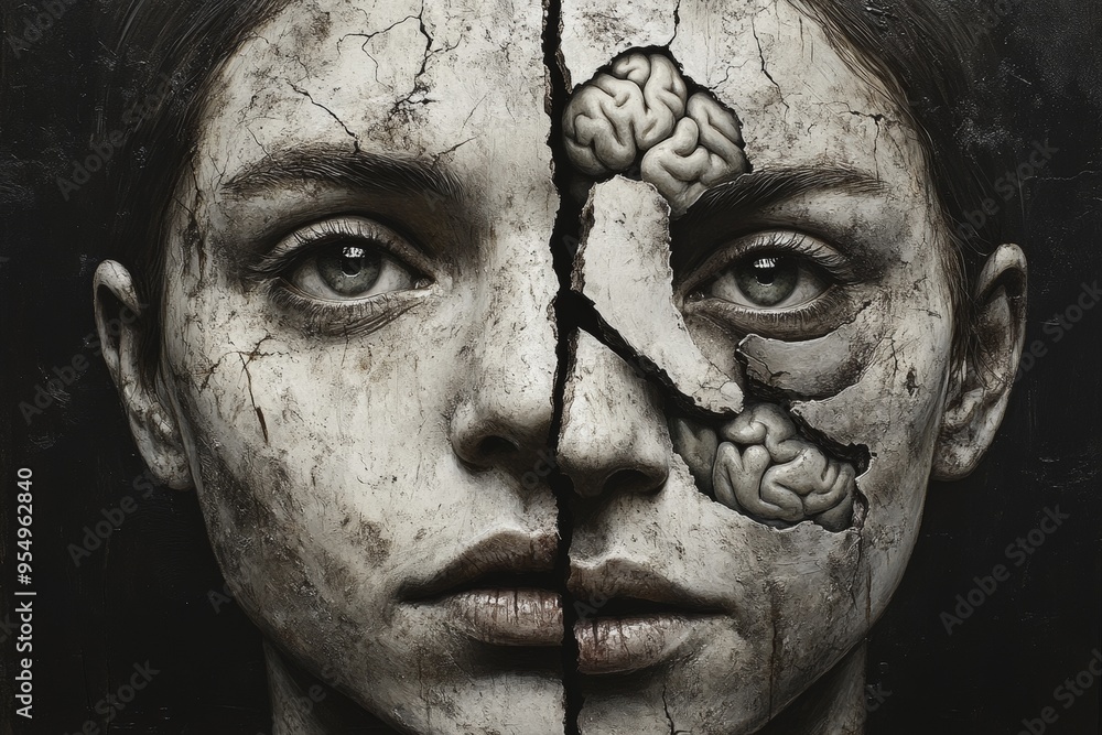 Poster hydrocephalus logical black and white abstract art of a womans face with fragmented brain patterns s