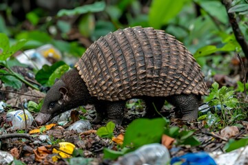 Obraz premium Armadillo Foraging Among Plastic Waste in a Tropical Forest