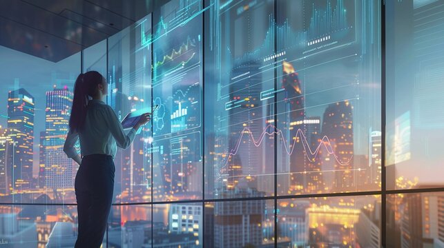 Businesswoman reviewing financial reports augmented reality graphs floating in the air