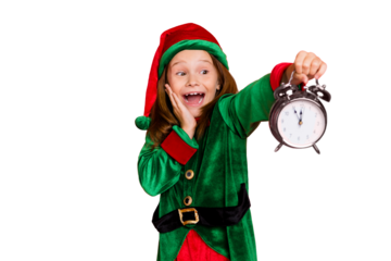 Close-up portrait of her she nice attractive cheerful cheery surprised shocked glad funny pre-teen elf holding in hands clock fairy miracle night isolated over bright vivid shine red background