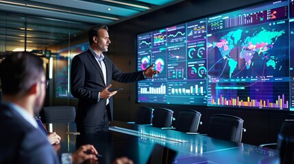 CEO presenting big data insights to stakeholders interactive digital wall displaying performance metrics