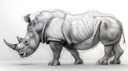 Obraz premium Wireframe rendering of a rhinoceros, a large mammal with a thick, grey hide and a large horn on its nose.