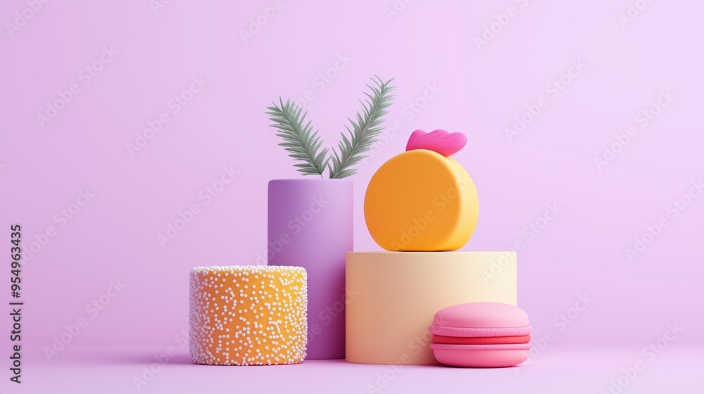 Poster a colorful display of food and flowers on a pink background. the display is made up of three differe