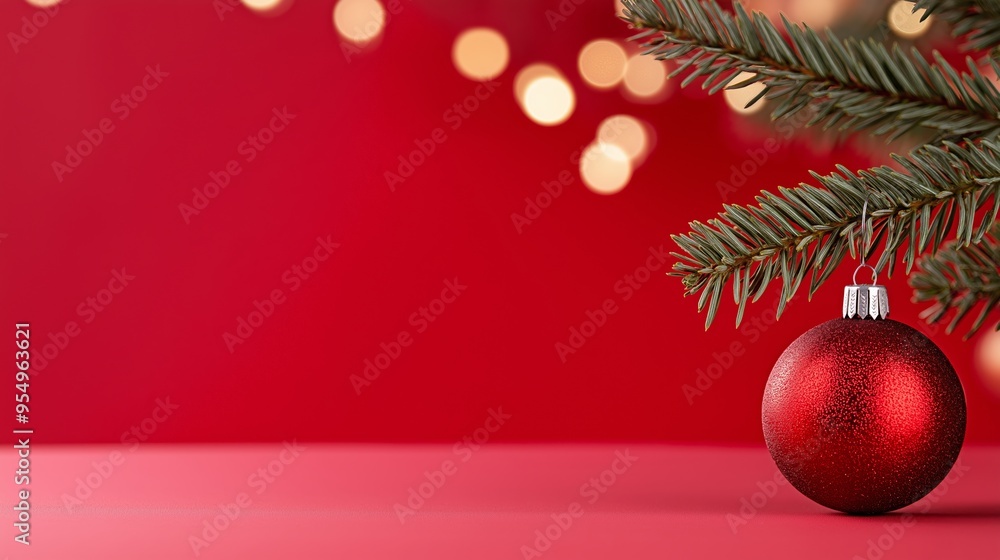 Wall mural a red ornament hangs from a christmas tree branch. the red background and the red ornament create a 