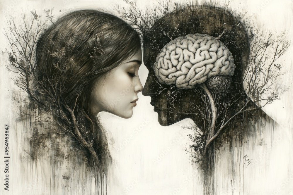 Aufkleber cerebral palsy logical monochrome art of a couple with interconnected brains symbolizing deep intell