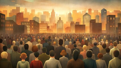 Obraz premium Anonymous Crowd in Urban Cityscape at Sunset