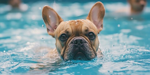 happy French Bulldog Swimming at Pool Party: Excited Pet Playing in Water. Fun Summer Vacation Concept for Decorative Art, NFT Design, Fashion Prints, and Marketing Campaigns. Vibrant 4K Wallpaper Ba