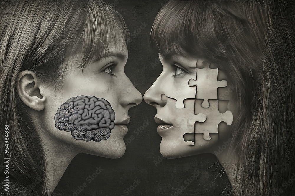 Poster cerebellum precognitive a woman and man facing each other with puzzle brains representing the challe