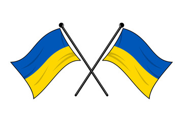 Crossed Ukraine Flags Icon. Flat Solid Color Vector Illustration with Mini Flags on Poles, Isolated on White Background, Editable and Scalable EPS File for Graphic Design Elements