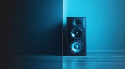 A half-transparent product mockup showcases a modern speaker design set against a dual-colored backdrop of blue and black