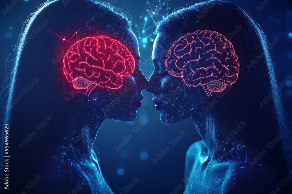 Poster ms precognitive glowing brain patterns of two figures facing each other representing telepathy deep 
