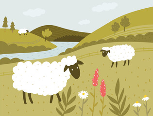 Sheeps farm field, green landscape with river and hills, simple vector flat illustration scenery