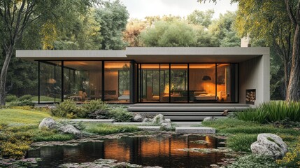 Modern house with large windows surrounded by nature and a pond.