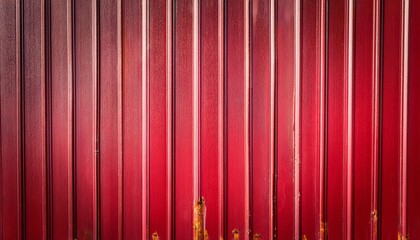 A textured red metal wall featuring vertical panels and rusty accents, perfect for industrial or abstract backgrounds.