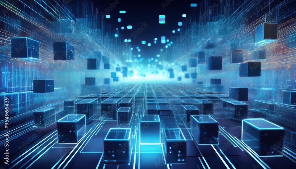 Aufkleber futuristic digital scene showcasing moving blocks and luminous lines, representing technology and in