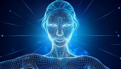 Futuristic digital woman in a holographic design representing technology and innovation, surrounded by glowing data points.
