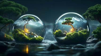 Two Miniature Worlds Encased in Glass Globes -  A Surreal Landscape with Miniature Trees, Rocks, and Moss, Illuminated by Warm Light, Reflecting on Still Water