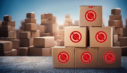 Stacked cardboard boxes with prohibition signs against a blurred background of similar boxes, illustrating shipping restrictions.
