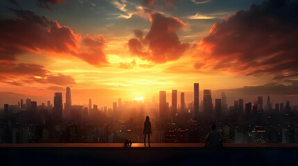 Silhouettes of Two People Standing on a Rooftop, Looking Out at a City Skyline During a Sunset with Clouds