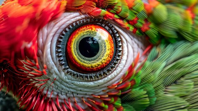 Close-up of a parrot's eye with vibrant feathers, detailed texture. Nature and wildlife photography concept