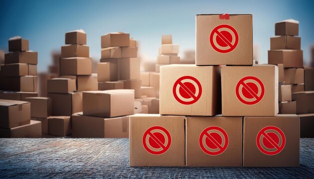 Stacked cardboard boxes with prohibition signs against a blurred background of similar boxes, illustrating shipping restrictions.