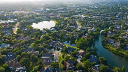 Aerial View of a Luxurious Suburb with Winding Lakes