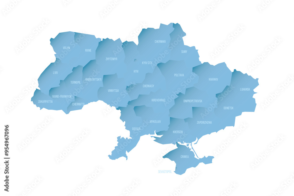 Poster ukraine political map of administrative divisions - regions, two cities with special status of kyiv 