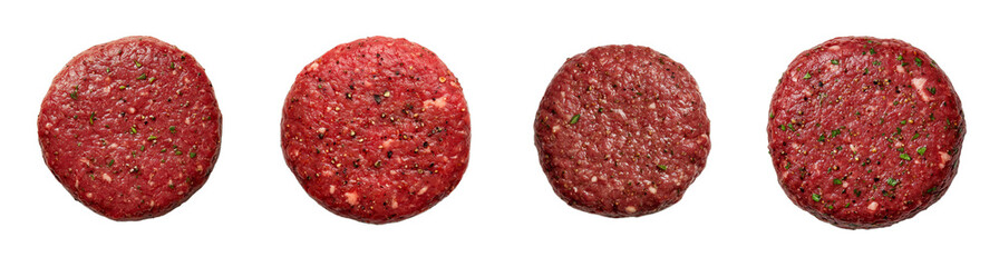 Set of four delicious raw beef burger patties, isolated on a transparent background, perfect for summer BBQ cooking concepts