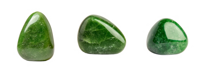 Collection of three polished green jade stones isolated on a transparent background, symbolizing prosperity and harmony