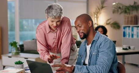 Woman, man and happy in office with laptop, feedback and productivity in workplace. Creative people, publishers and computer on desk for writing, copywriting or impressed with novel storytelling idea