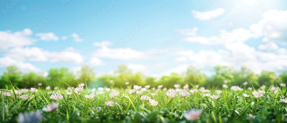 Canvas Prints delicate white flowers bloom in a lush green meadow under a sunny blue sky