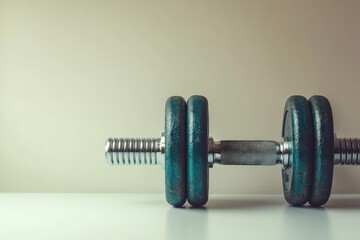 Obraz premium Simple dumbbells placed neatly on a minimalist white surface, soft natural light, abundant empty space for text or design, No logo, No Trademark, No text